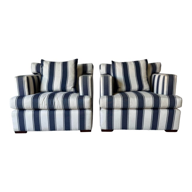 Ralph Lauren Striped Upholstered Arm Lounge Chairs – Pair For Sale