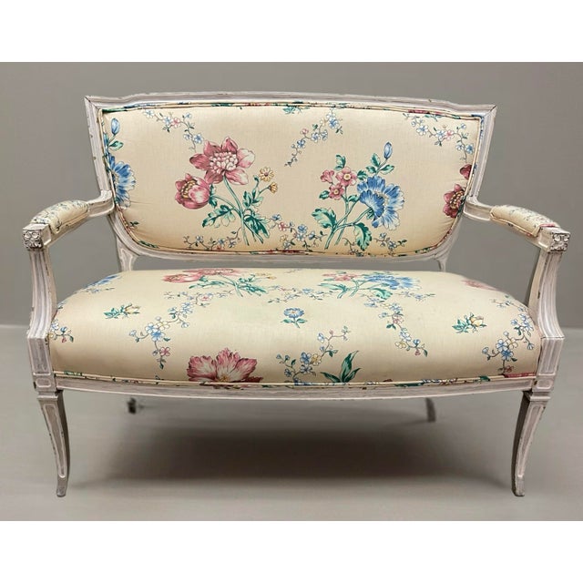 French Country 19th C. French Painted Loveseat or Settée in Polish Cotton Upholstery For Sale - Image 3 of 12