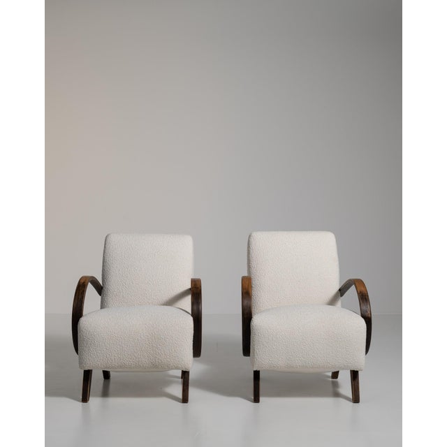 Mid 20th Century Mid 20th Century Jindřich Halabala Cream Wood Pair of Club Chairs For Sale - Image 5 of 12