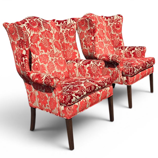 Late 20th Century Pair of Late 20th Century Custom Upholstered Wingback Armchairs in Red and Ivory Floral Cut Velvet For Sale - Image 5 of 14