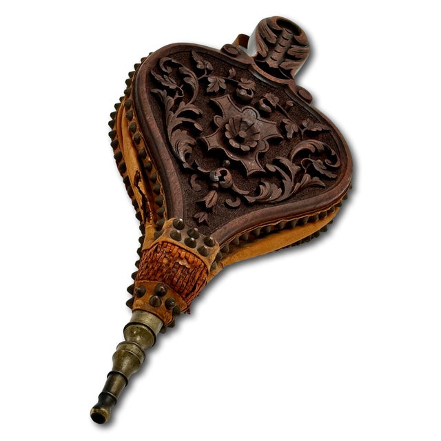 Fine Antique Hand Carved Walnut Black Forest Fireplace Bellows Northwind For Sale In Boston - Image 6 of 18