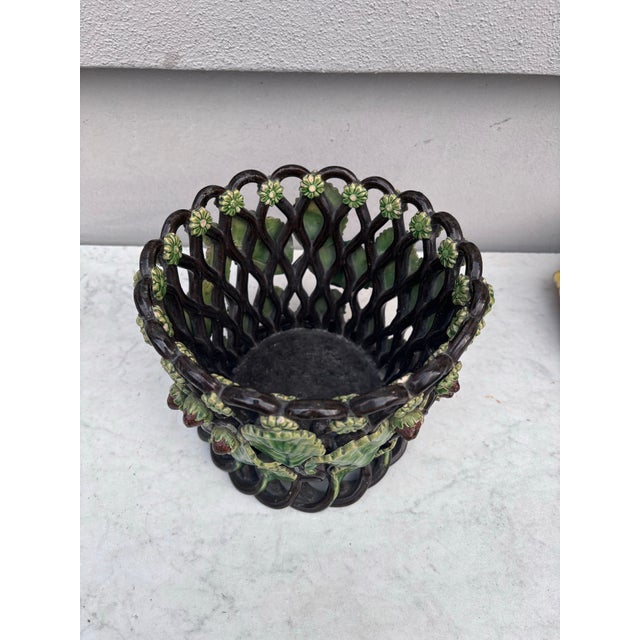 French Majolica Palissy Reticulated Cache Pot signed Roanne circa 1880. Decorated with leaves and strawberries. H / 7...
