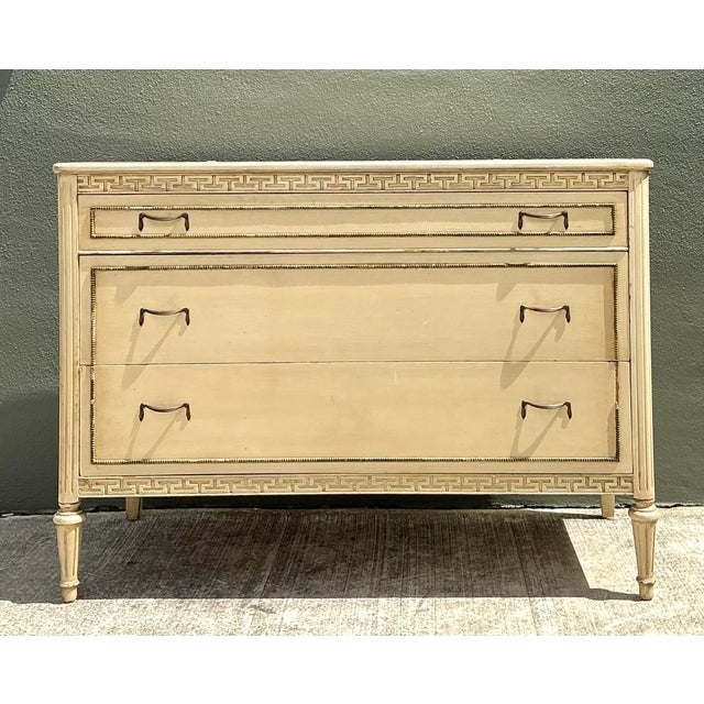 Mid-Century Modern Vintage Distressed Greek Key Chest of Drawers For Sale - Image 3 of 12