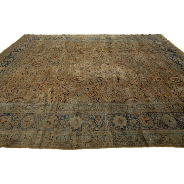 Late 19th Century Handmade Allover Floral Antique Persian Mashad Brown Wool Rug From the 1890s For Sale - Image 5 of 10