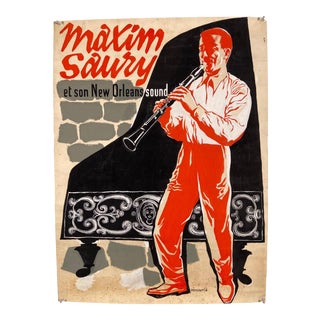 Hand Painted Vintage Poster of French Jazz Musician Maxim Saury by Pierre Merlin Circa 1950s For Sale