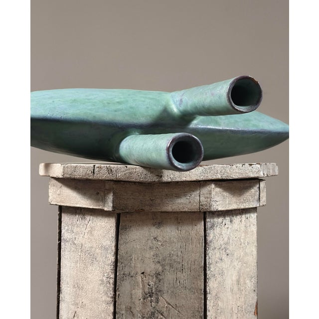 Vintage Japanese Modernist Turquoise Double Stem Ikebana Ceramic Vessel, Signed For Sale - Image 10 of 11
