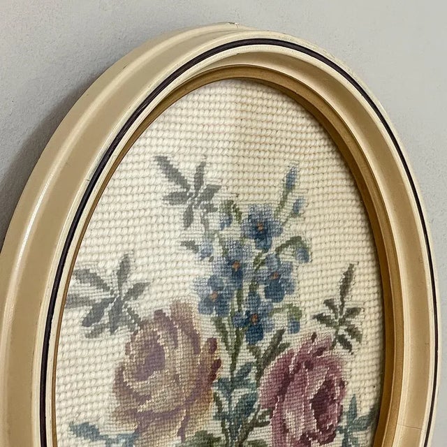 Ecru Pair Antique Needlepoint Works in Original Bakelite Frames For Sale - Image 8 of 13