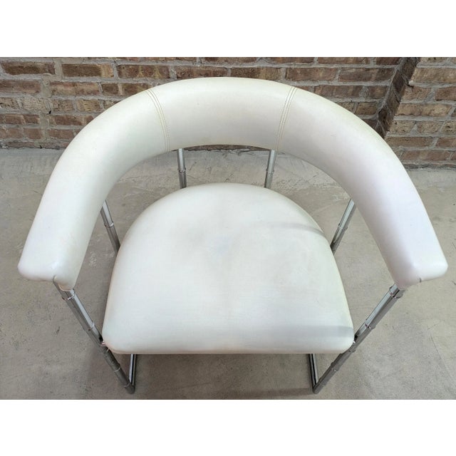 1970's Chrome & White Naugahyde Faux Bamboo Barrel Lounge Chair For Sale In Chicago - Image 6 of 8