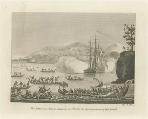 Cooke, The Standoff at Tahiti with Captain Wallis, 1801, Engraving