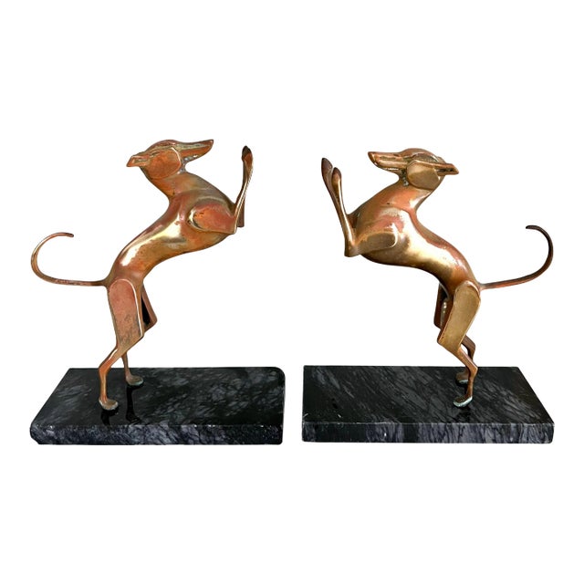 Brass Doberman Bookends with Marble Base - A Pair For Sale
