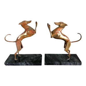 Brass Doberman Bookends with Marble Base - A Pair