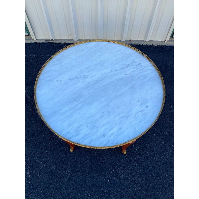 Banded Mahogany Marble Top Coffee Table With Brass Gallery- Spain, Mid 1900s For Sale - Image 12 of 12