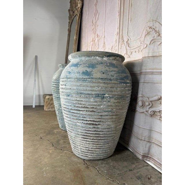 Pair of Antique Weathered Terracotta Garden Urns With Blue Patina For Sale - Image 9 of 12