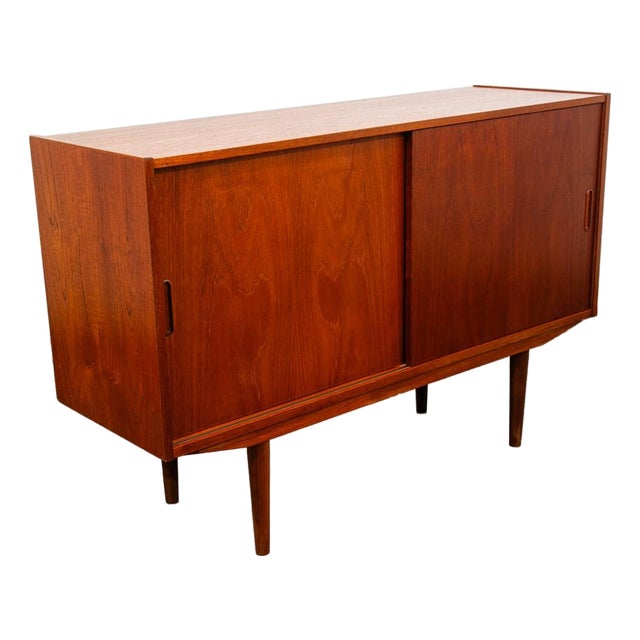 Mid Century Modern Credenza Media Cabinet Teak Sliding Door Compact Denmark For Sale