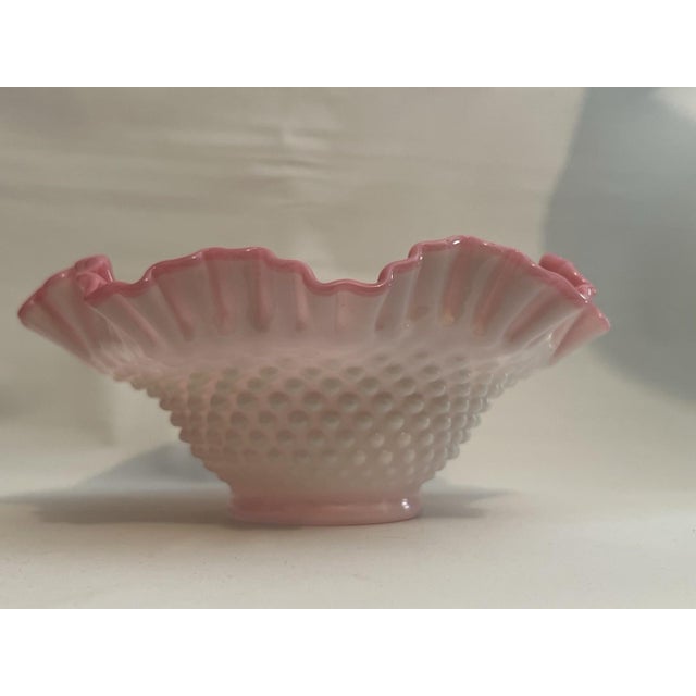 Mid 20th Century Mid 20th Century Bowl Pink Glow Hobnail Ruffled Fenton Cased Glass 4" Tall 10" Vantage For Sale - Image 5 of 13