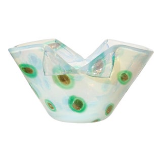 Vintage Fratelli Toso Murano Opalescent White Green Aventurine Spots Italian Art Glass Cut Rim Bowl For Sale