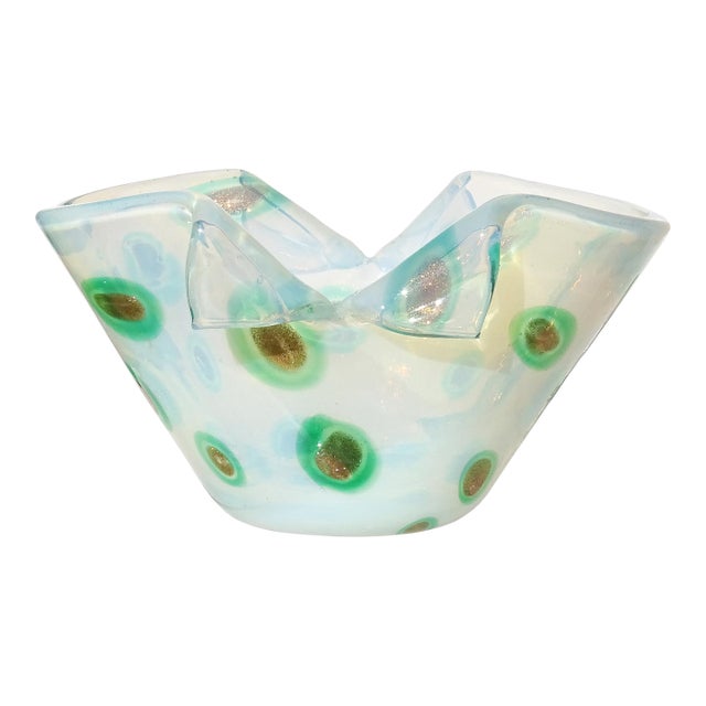 Vintage Fratelli Toso Murano Opalescent White Green Aventurine Spots Italian Art Glass Cut Rim Bowl For Sale