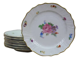 Mid 20th Century German Hutschenreuther Moritzburg Floral Bouquet Scalloped Gold Rim Plates 8" - Set of 8