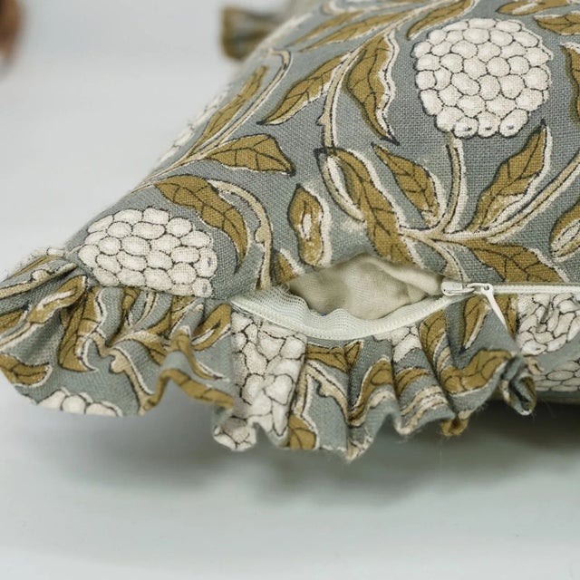 Fabdivine Artisan Block Print Throw Frill Pillow Cover Gray 14x20 Inch Pure Linen- Merakhi For Sale - Image 4 of 5