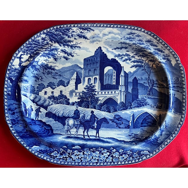Gothic Large Antique Early 19th C. English Staffordshire Pearlware Blue & White Transfer Platter by Robert Hamilton of Stoke in the Gothic Ruins Pattern 1820 For Sale - Image 3 of 8