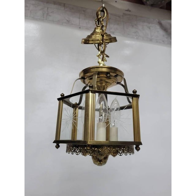 Brass Vintage Brass Lantern Neo Decor Starburst Etched Glass Chandelier Entryway, Old World Glam For Sale - Image 8 of 10