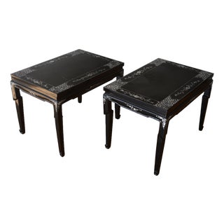 Vintage 1960s Vietnamese Black Lacquer & Mother of Pearl Side Tables - A Pair For Sale