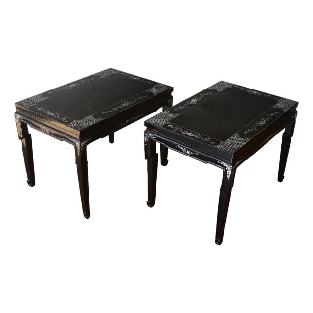 Vintage 1960s Vietnamese Black Lacquer & Mother of Pearl Side Tables - A Pair For Sale