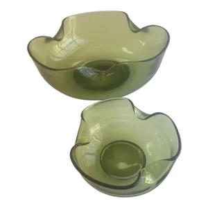 Midcentury Avocado Green Glass Chip & Dip Bowls- 2 Pieces
