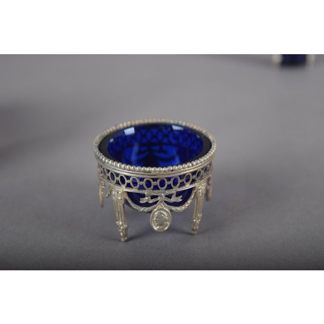 Antique Louis XVI Style Silver and Cobalt Blue Glass Condiment and Cruet Set with Spoons, 1990s, Set of 7 For Sale - Image 6 of 16