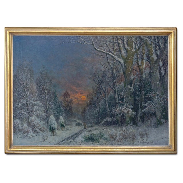 A. Gustav Schweitzer, Winter Night Landscape, Oil on Canvas For Sale - Image 16 of 16