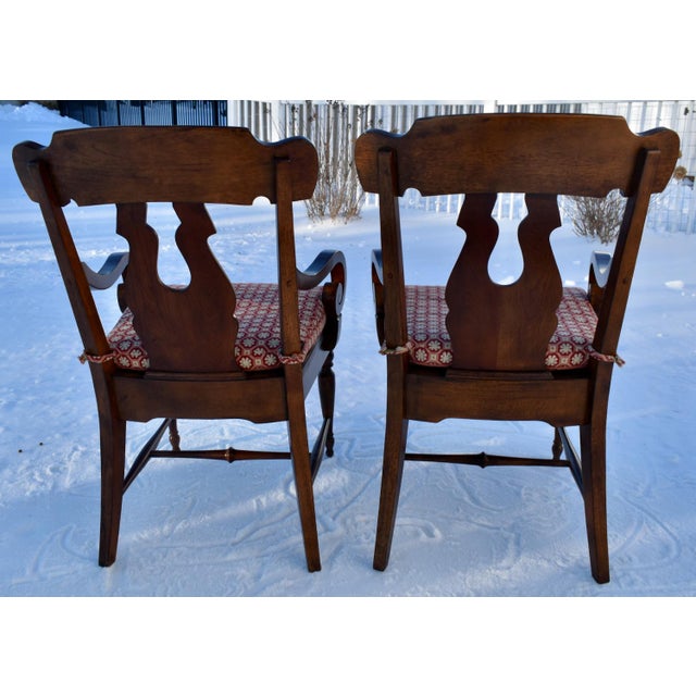 Wood Bernhardt Mahogany Arm Chairs Pair Vintage Stretcher Base 80s For Sale - Image 7 of 13