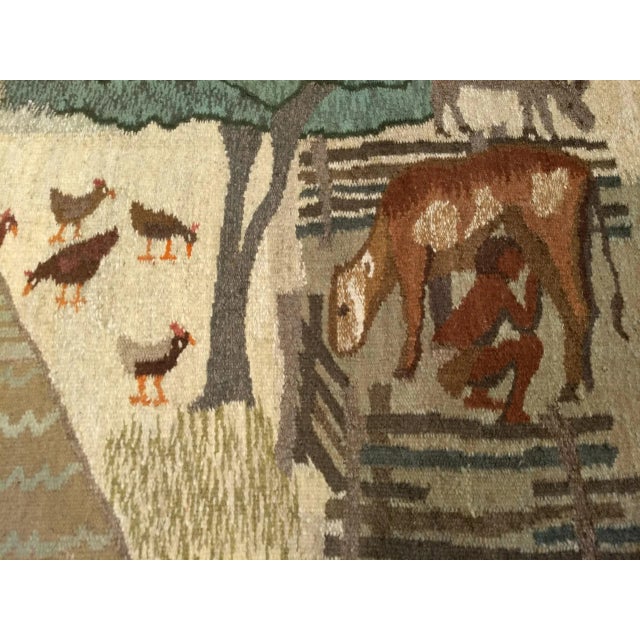 Cream Vintage African Tapestry, Handwoven Wool, Village Life Scenes, Ivory & Blue, 4x5 For Sale - Image 8 of 10