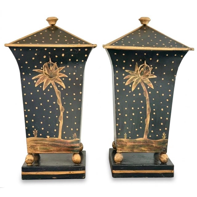 Sarreid Ltd. Pair Vintage Chinoiserie Tole Covered Urns For Sale - Image 4 of 13