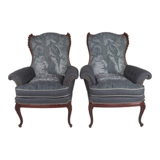 Pair of Late 19th Century Victorian Chairs With Hand-Carved Frame and Gothic Bird Upholstery For Sale