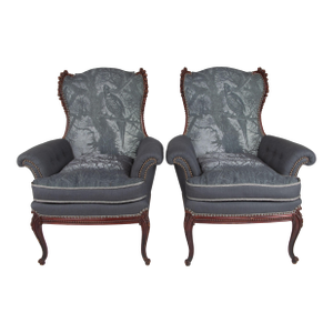 Pair of Late 19th Century Victorian Chairs With Hand-Carved Frame and Gothic Bird Upholstery
