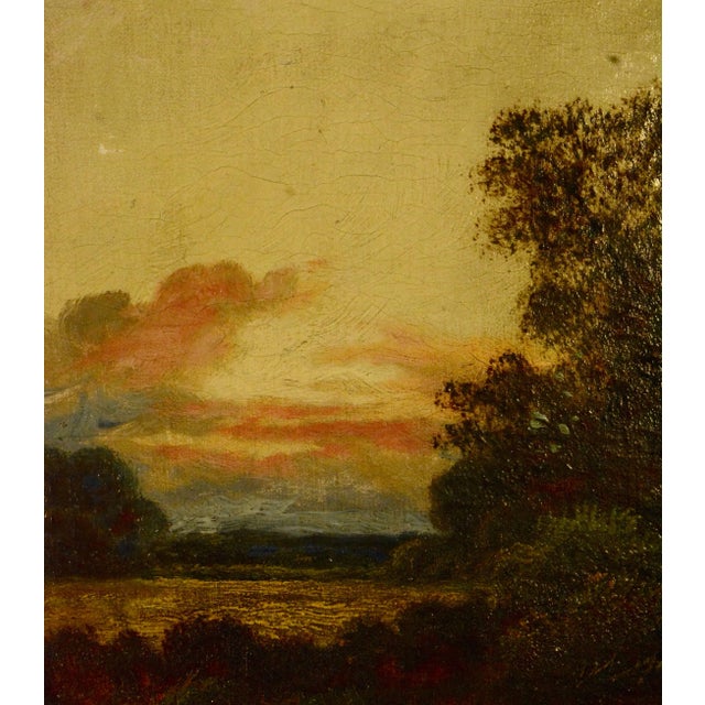 Wood Antique E. Cole Oil on Canvas Sunset Cottage Landscape For Sale - Image 7 of 9
