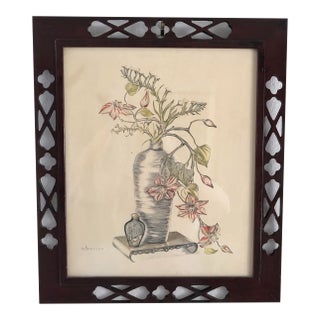 1940s Original Still Life Chinoiserie Water Color by A. Harrison Hand Carved Frame For Sale