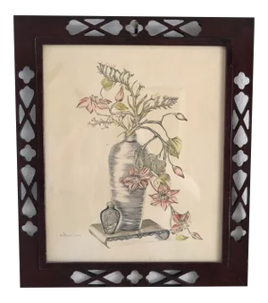 1940s Original Still Life Chinoiserie Water Color by A. Harrison in Hand Carved Frame