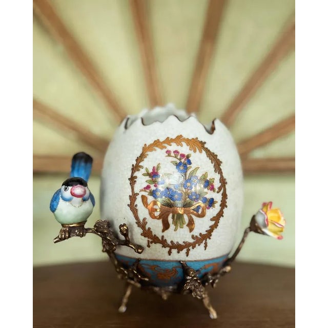 Ceramic Egg with Bird and Flower with Bronze Base For Sale - Image 4 of 5