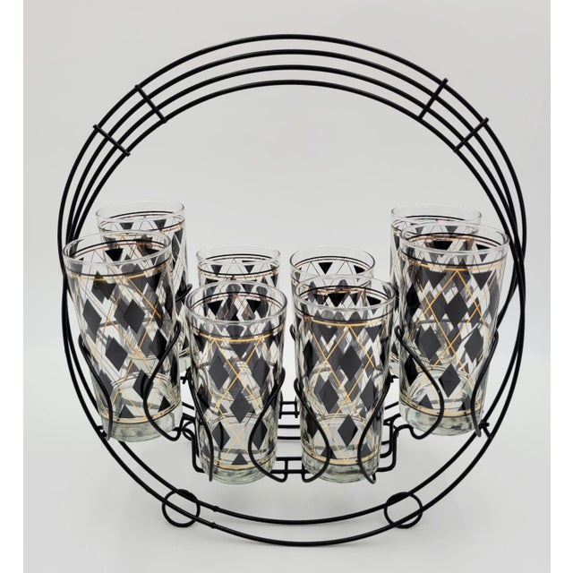 1960s Libbey Mid-Century Modern Black Gold Argyle Pattern Glassware and Carousel Caddy Set- 9 Pieces For Sale - Image 10 of 10