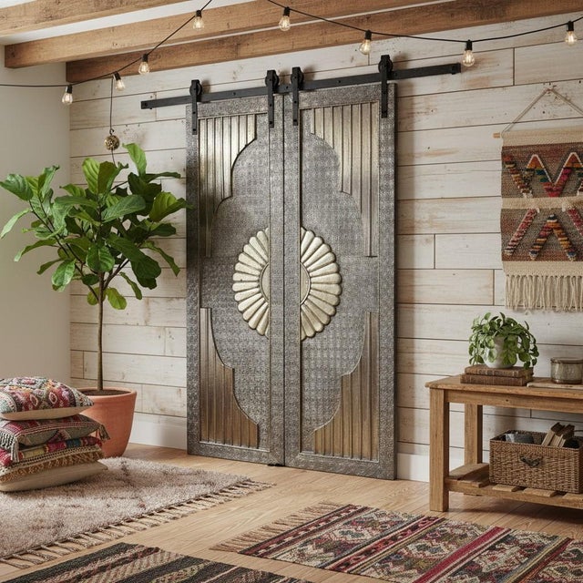 Wood Vintage Brass-Clad Hand-Carved Sliding Barn Door With Artisan Detailing 80x48 For Sale - Image 7 of 8