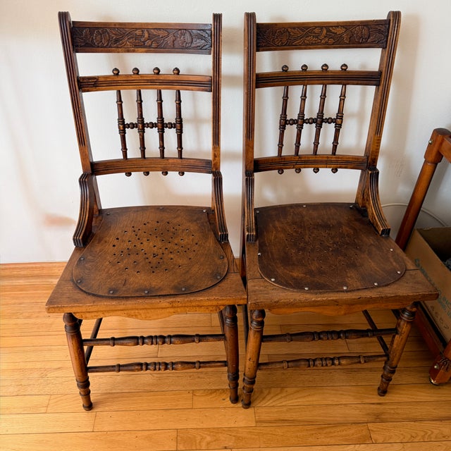Pair Pressed Back Chairs With Leather Seats For Sale - Image 11 of 11