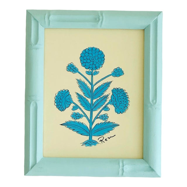 Hand-Painted Jaipuri Green Floral Motif Painting in a Hand-Painted Frame For Sale