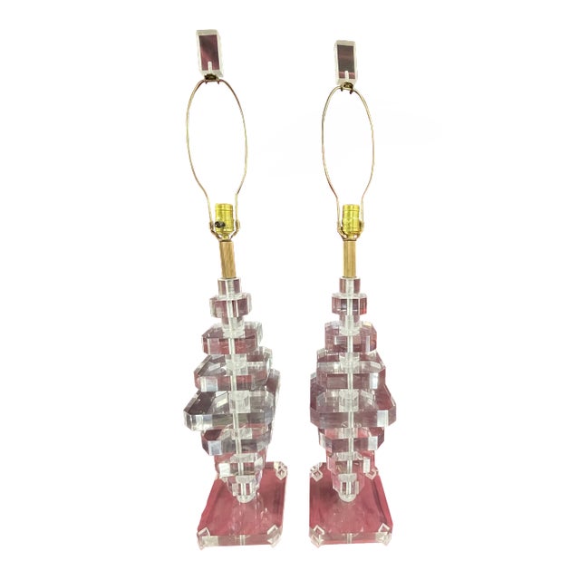 Vintage 1980s Large Acrylic Stacked Lucite Table Lamps - a Pair For Sale
