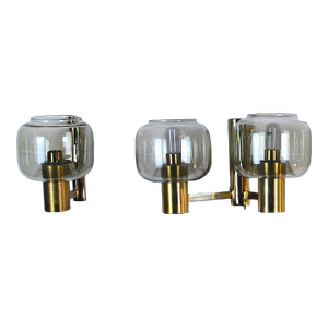 Mid 20th Century Pair of Scandinavian Wall Lights in Brass and Smoked Glass, Md-Centuryi