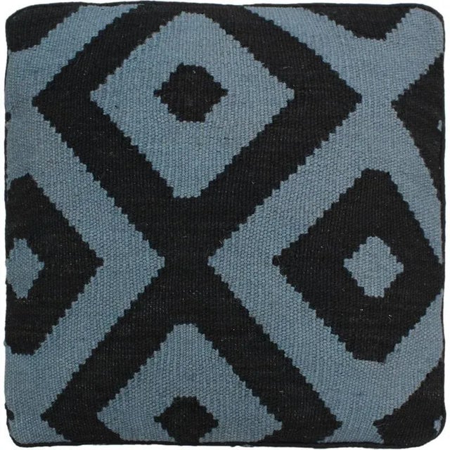 Wood Boho Chic Schuster Black/Grey Handmade Kilim Upholstered Ottoman For Sale - Image 7 of 8