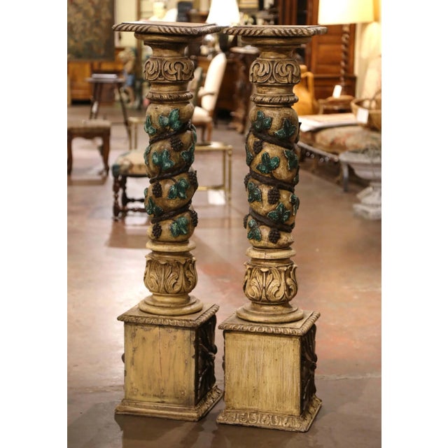 Pair of 18th Century French Carved Polychrome Columns With Vines, Grapes, Leaves For Sale - Image 10 of 12