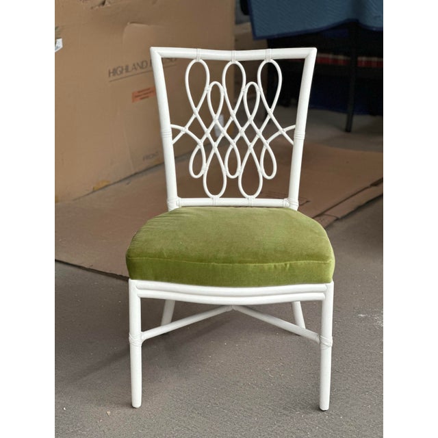 2000 - 2009 McGuire Furniture White “Script” Dining Chairs by Barbara Barry, Set of 8, Upholstered in Green Schumacher Performance Velvet For Sale - Image 5 of 6