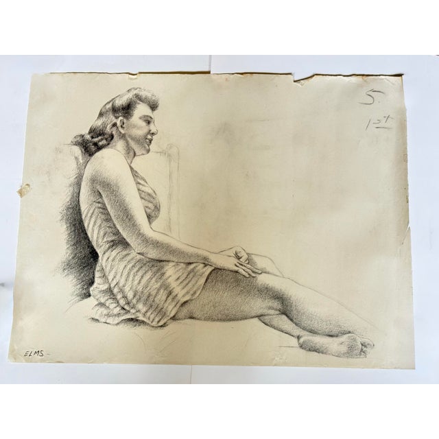 A fabulous drawing of a female figure. Done for a college art class in 1944. Signed Elms. Pencil on paper. Unframed.