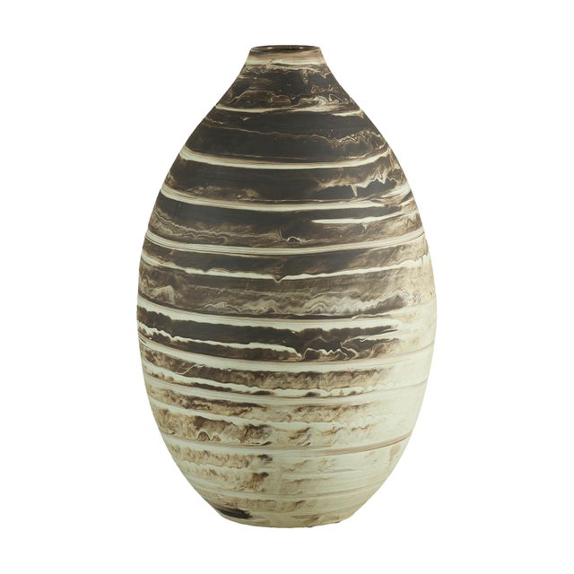 Large Artisan Ceramic Vase with Cream and Brown Striped Glaze For Sale - Image 4 of 12